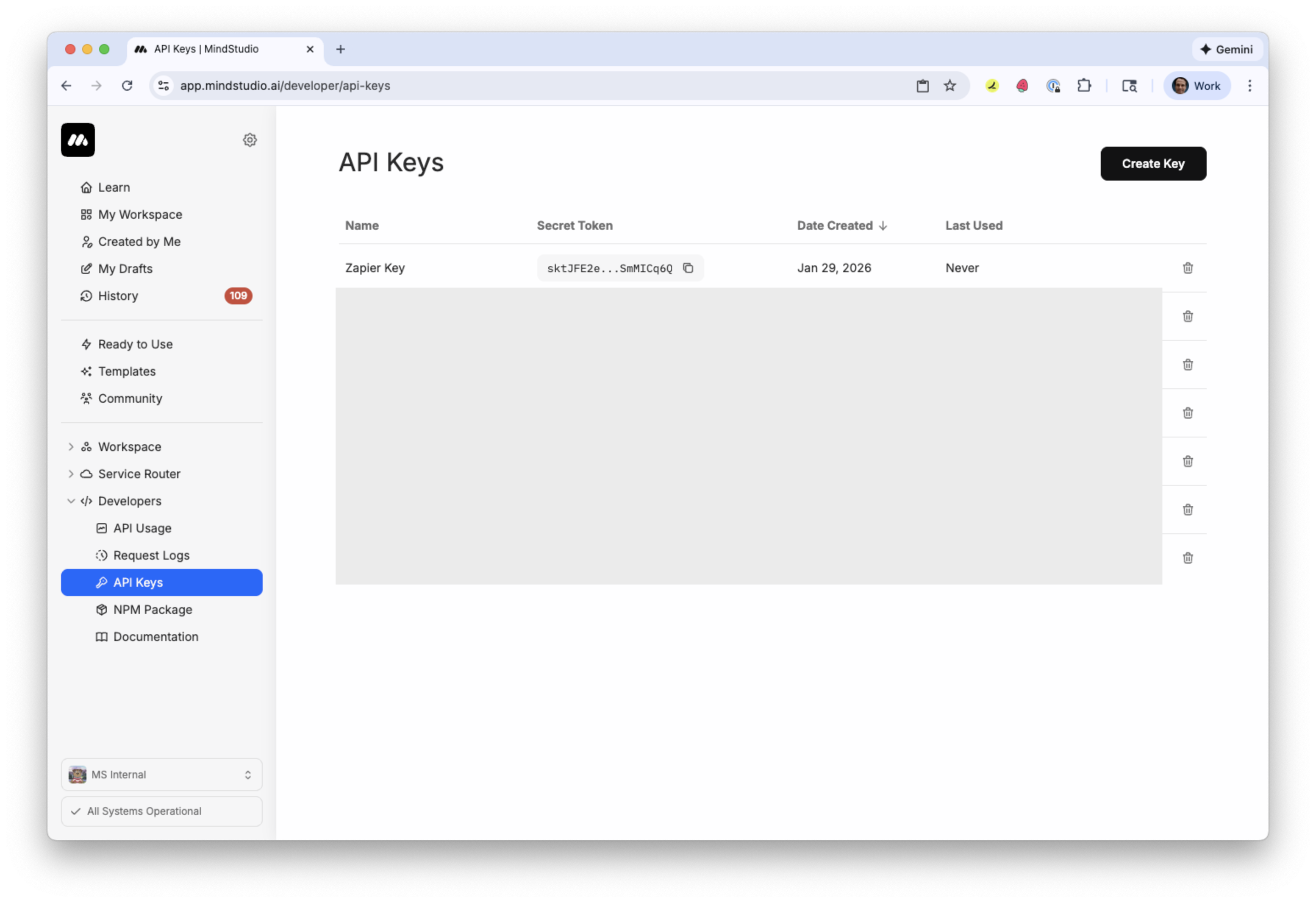 MindStudio API key is generated for the Zapier connection