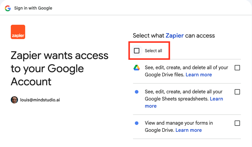 Select all scopes to access your Google Forms account