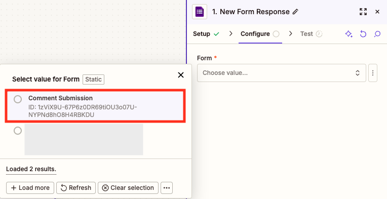 Select your Google Form to trigger the Zap