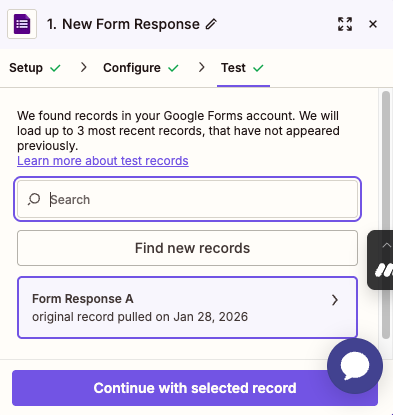 Zapier finds the test Google Form submission