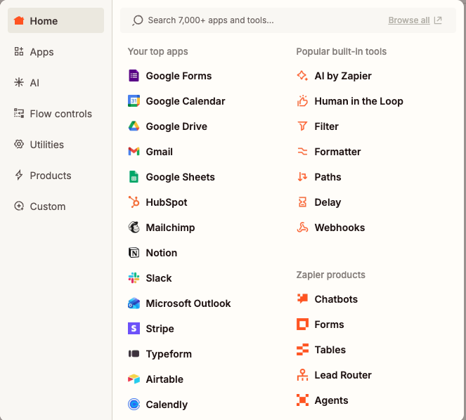 Zapier displays apps from which to select the action step in the Zap