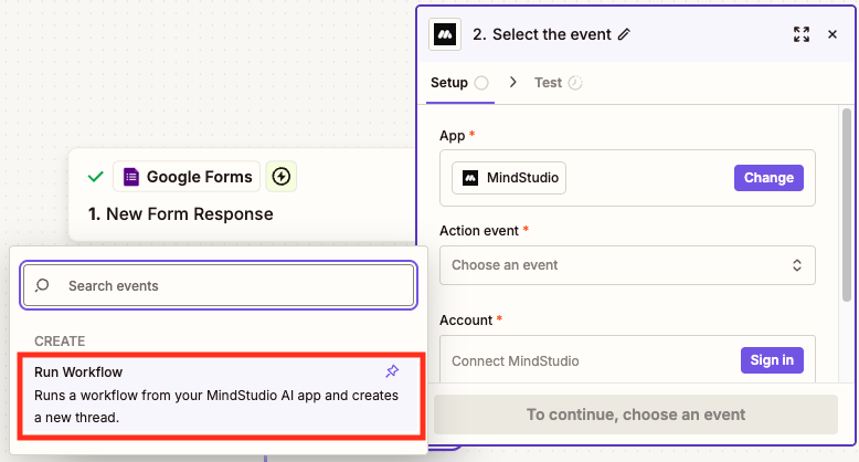Select Run Workflow as the action to do in MindStudio