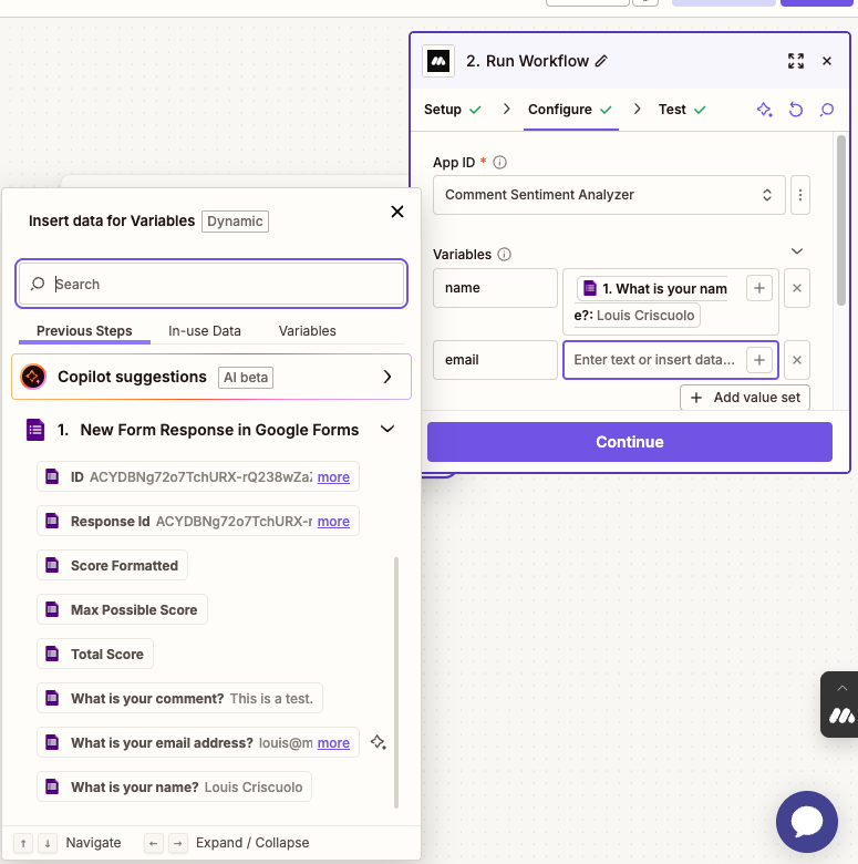 Select the data from the Google Form that stores email variable