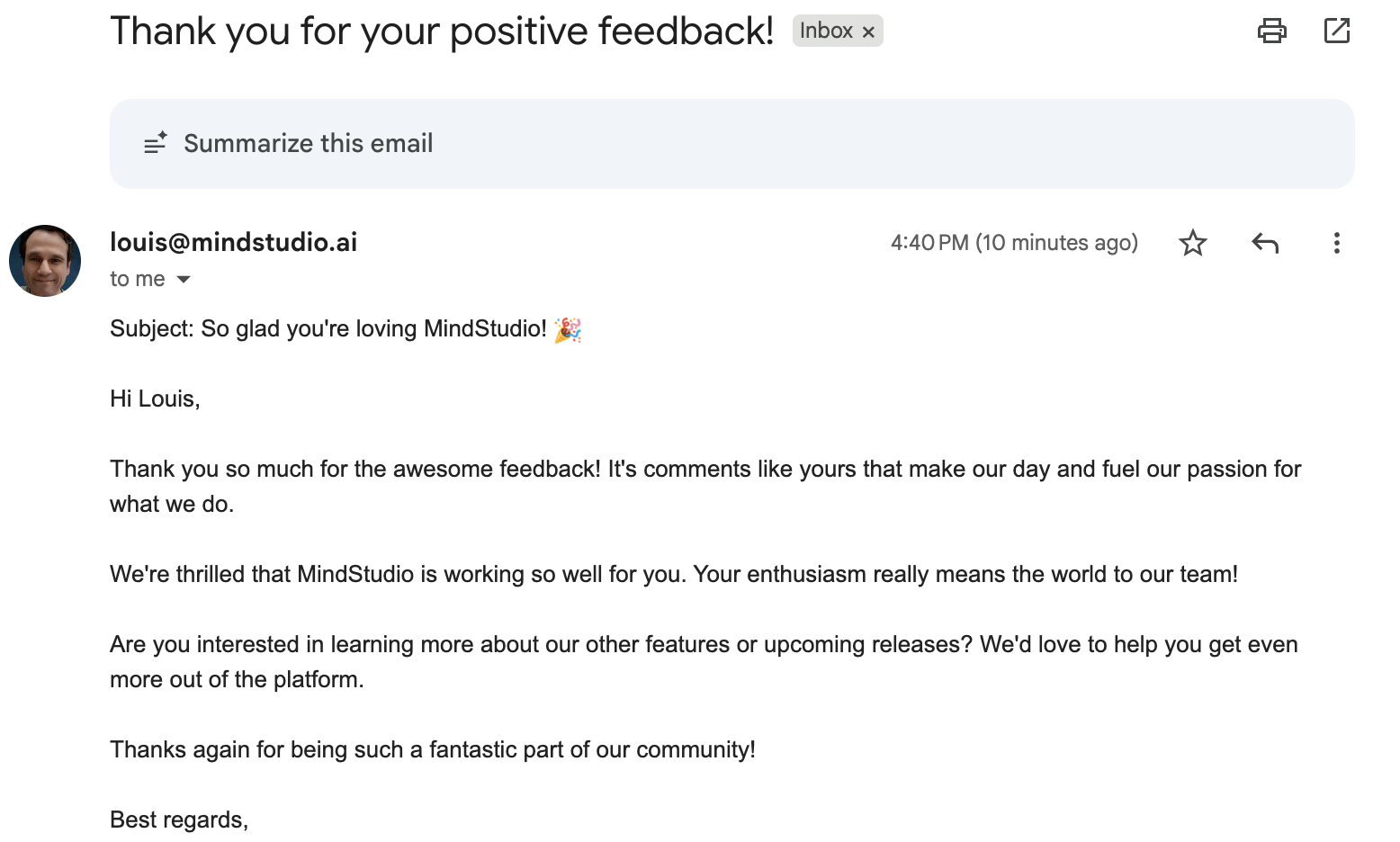 Email with an autogenerated response for a positive comment