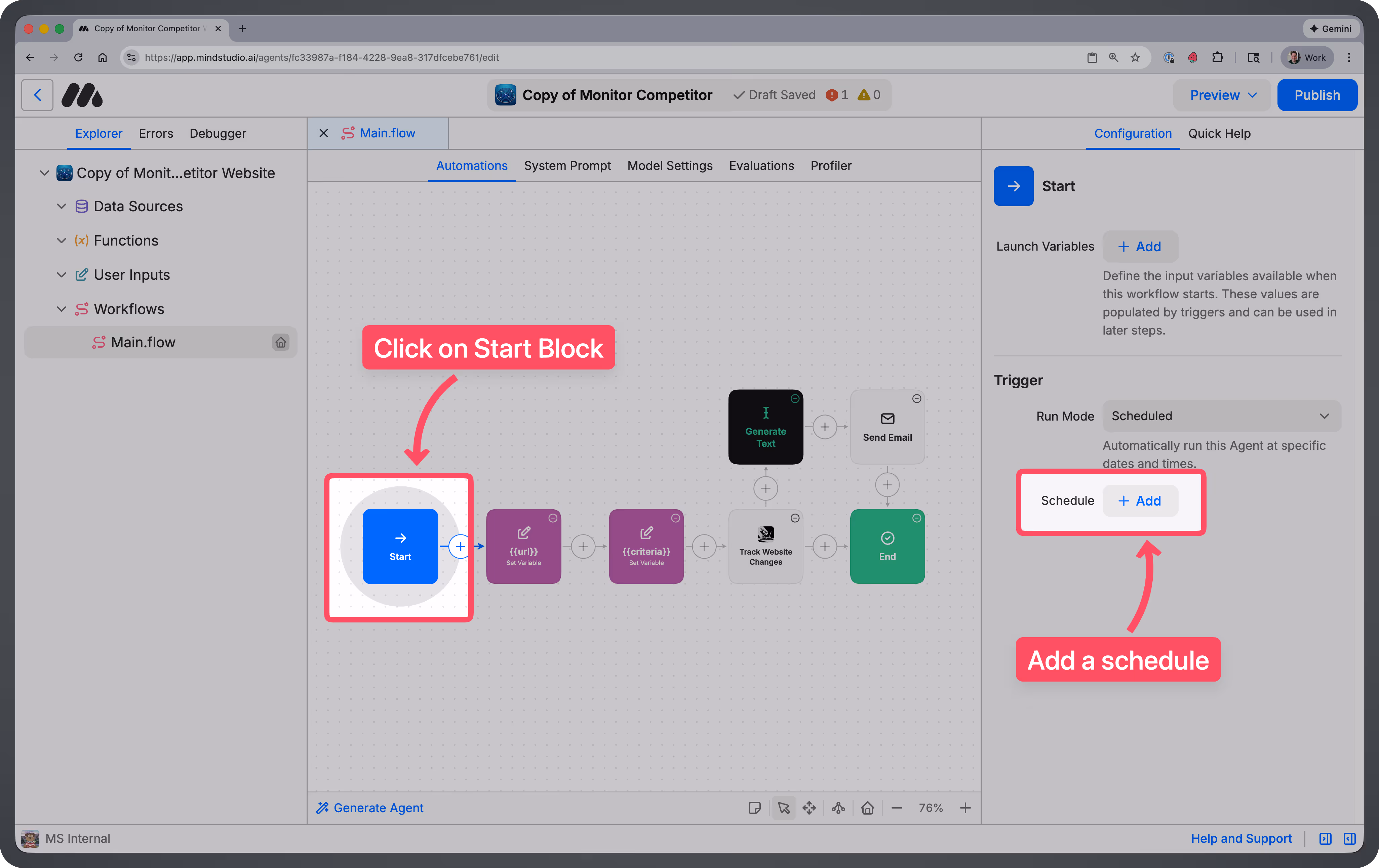 Start block and set schedule controls highlighted