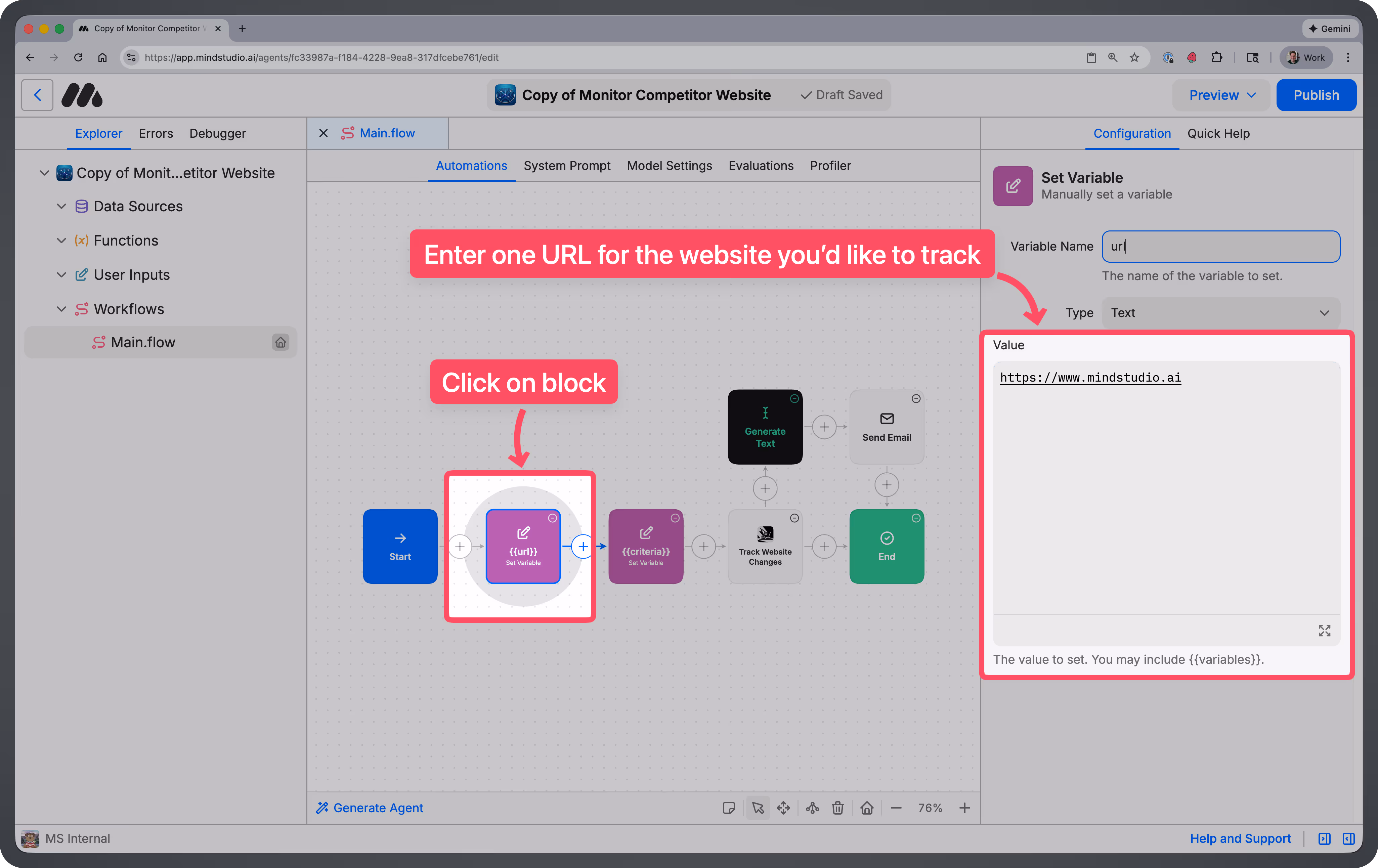 Controls for setting the website URL
