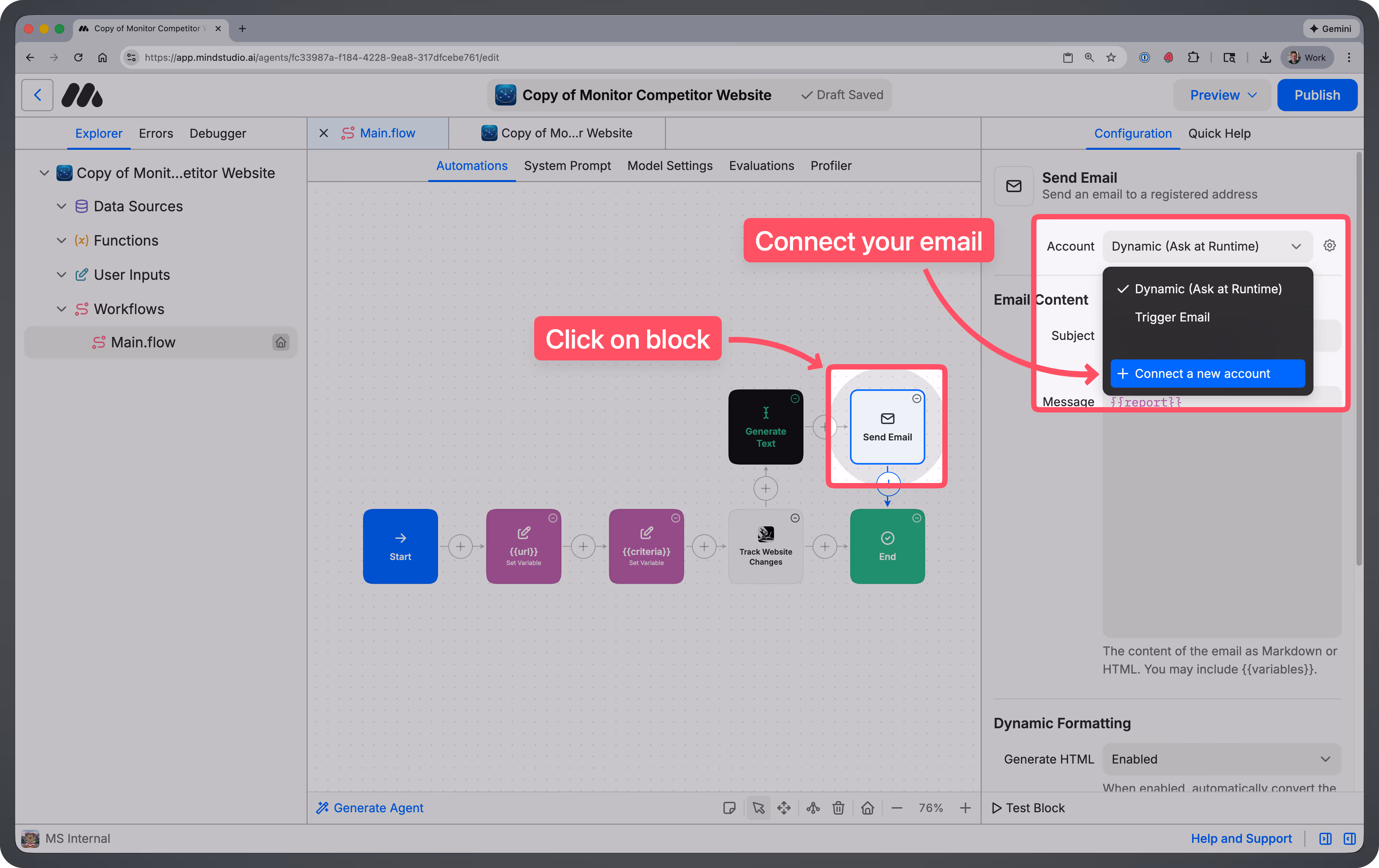 Controls for connecting your email