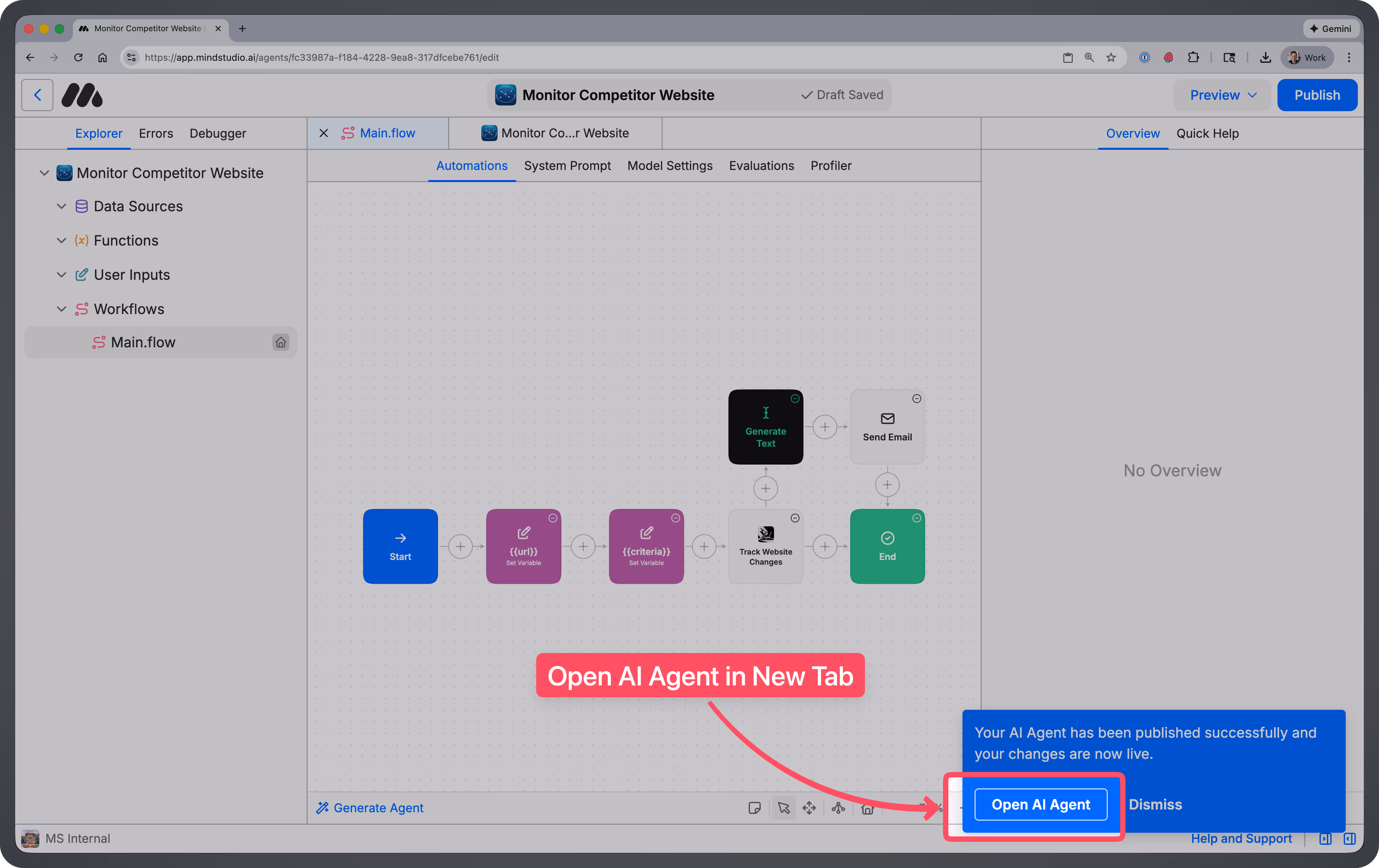 Open AI Agnet button highlighted