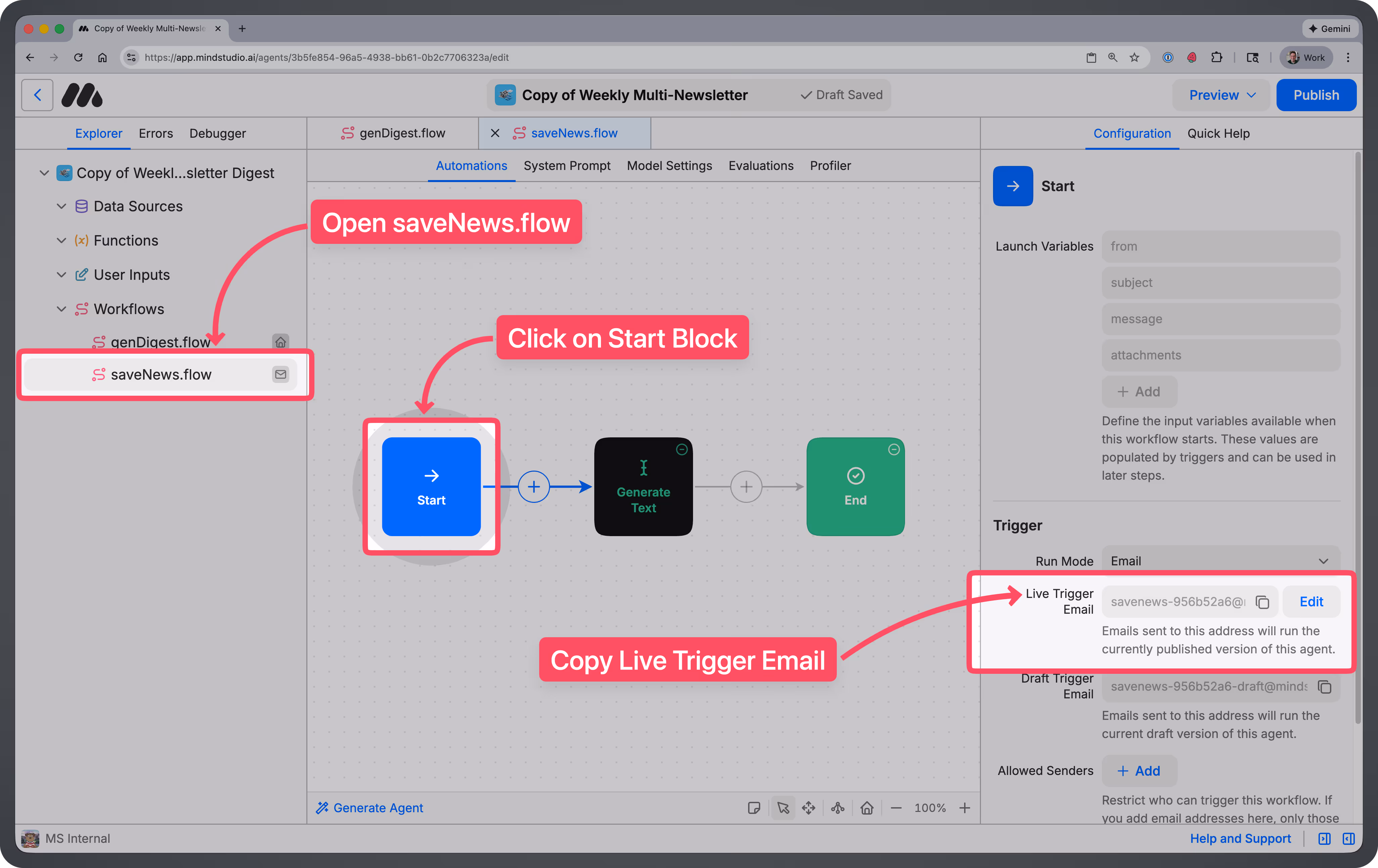Controls for finding Agent trigger email address