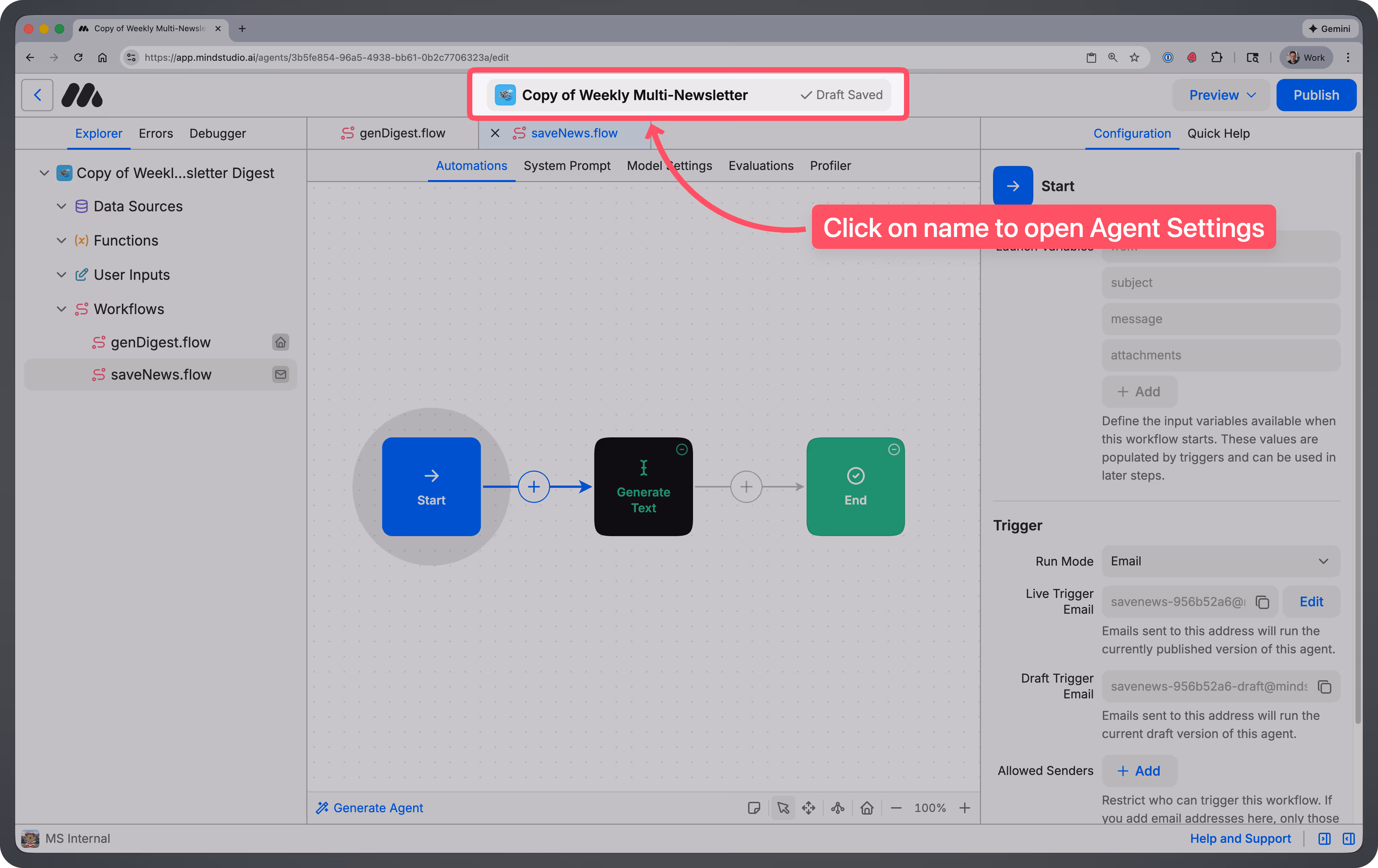 Clickable interface to open Agent settings