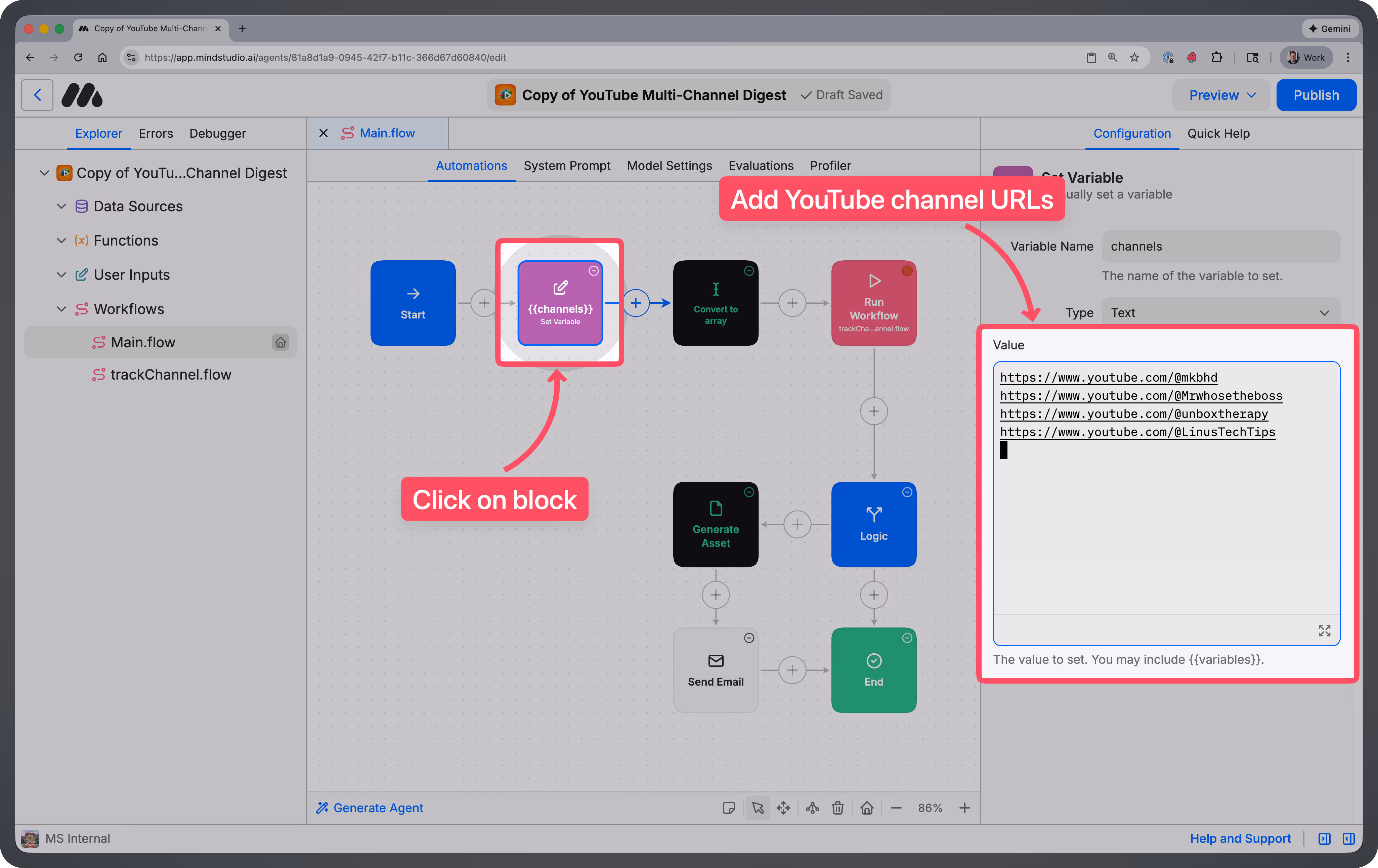 Controls for adding YouTube channels