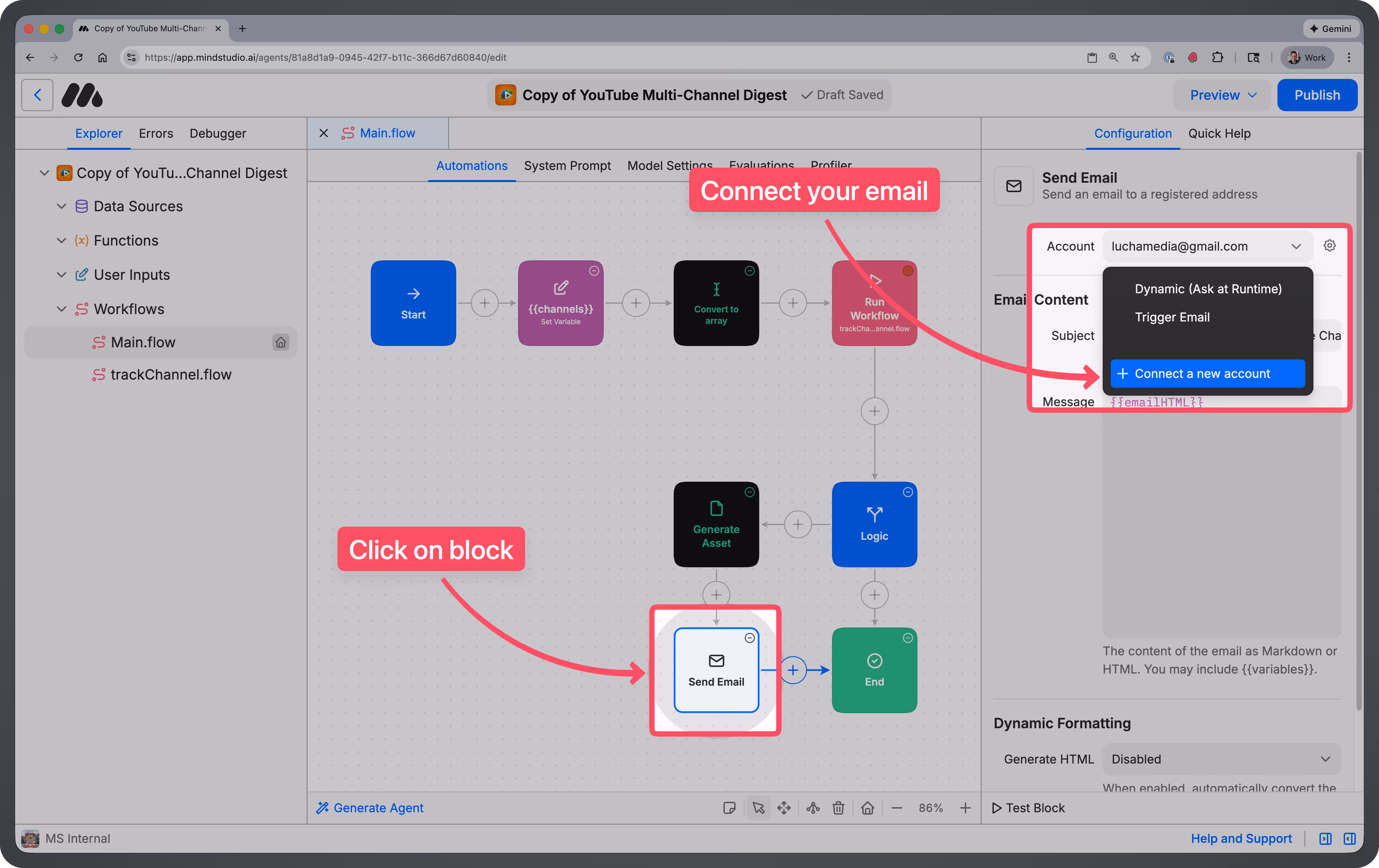 Controls for connecting an email