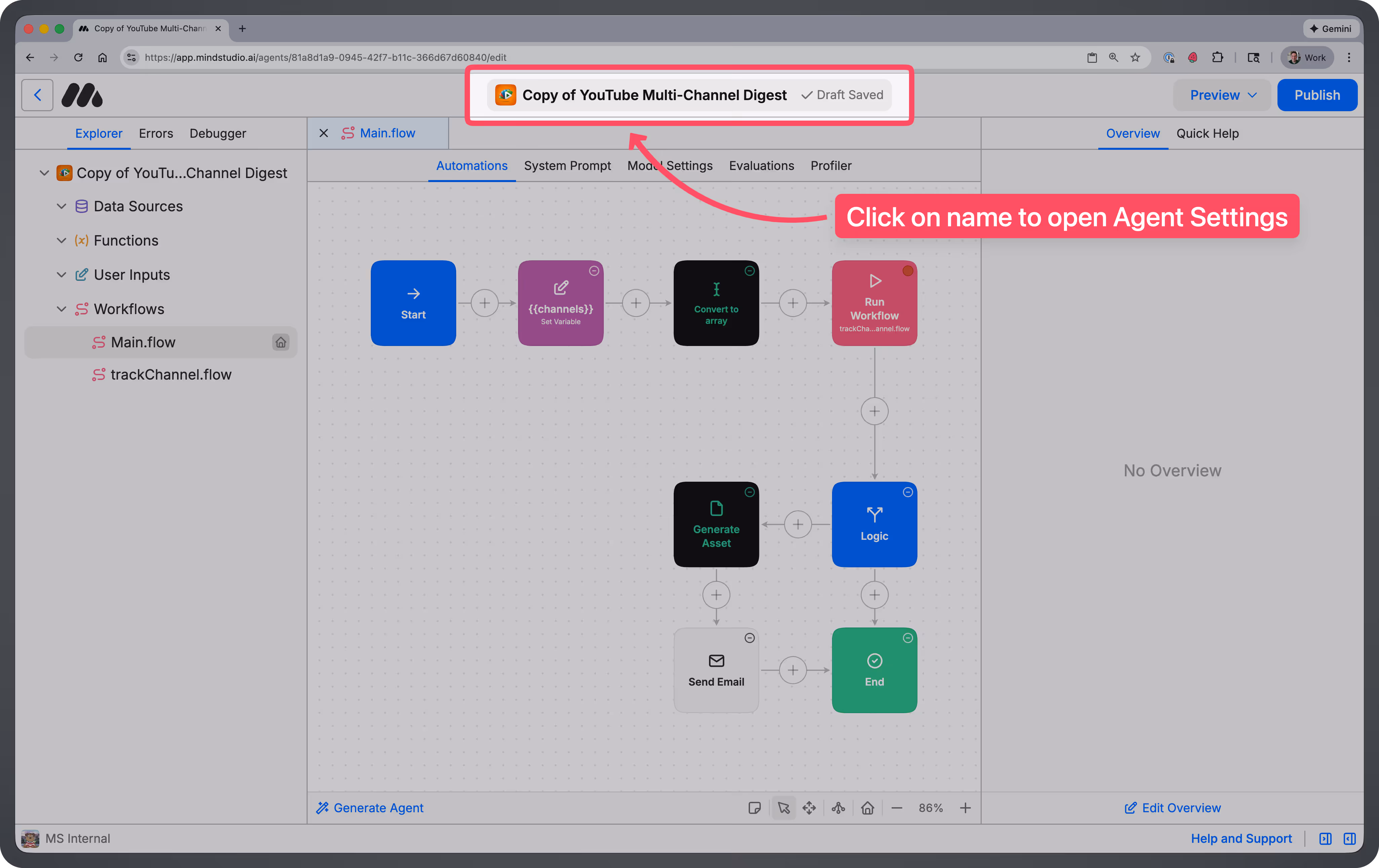 Clickable interface for opening Agent Settings