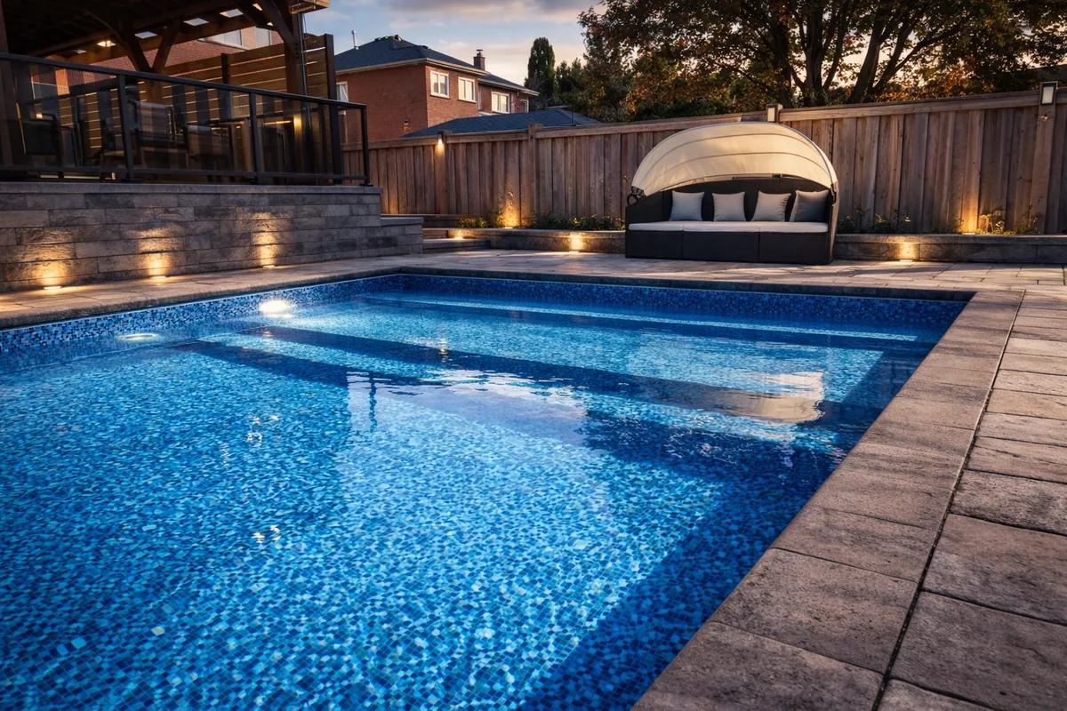 16x36 vinyl pool illuminated at twilight with stone retaining wall, daybed, and upper pergola deck in Whitby