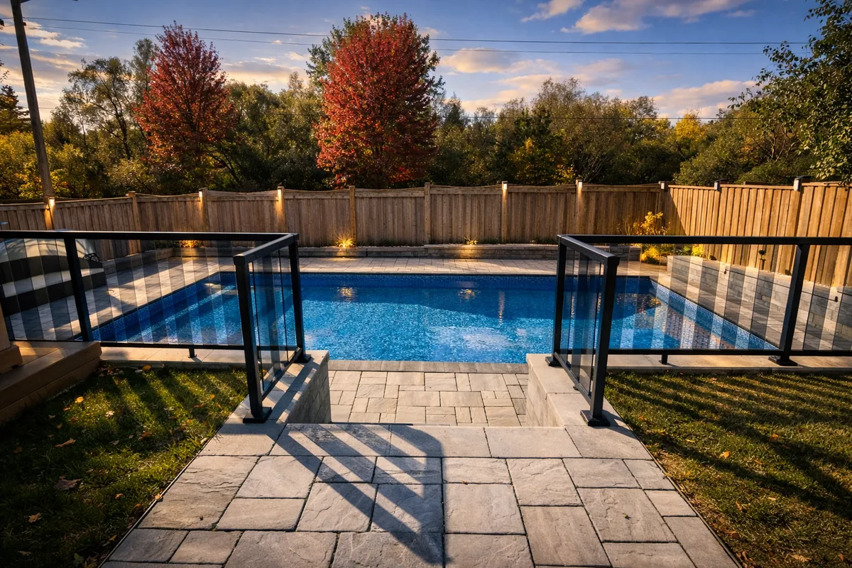Glass safety fence and stone steps leading down to vinyl pool with autumn sunset at Braebrook Drive Whitby