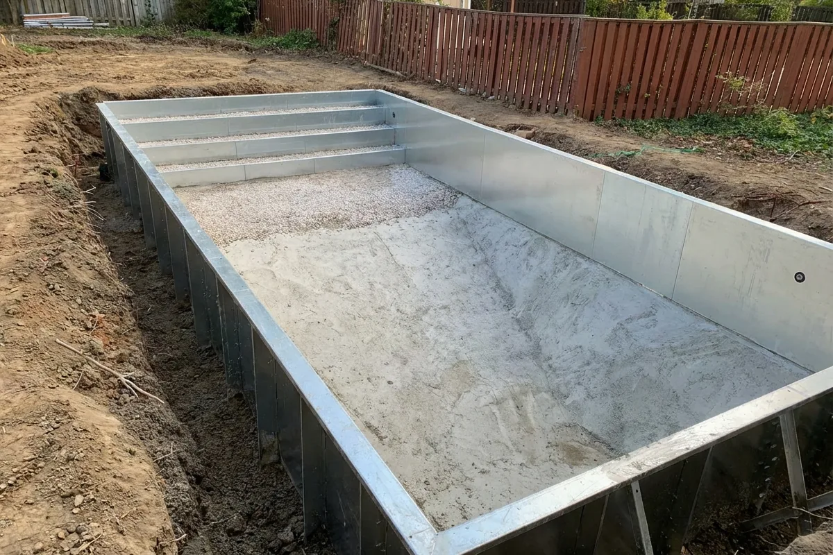 Steel wall pool shell during excavation on sloped backyard property at Braebrook Drive Whitby before vinyl pool installation