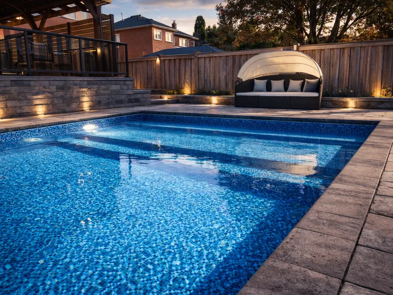 16x36 vinyl pool illuminated at twilight with stone retaining wall, daybed, and upper pergola deck in Whitby