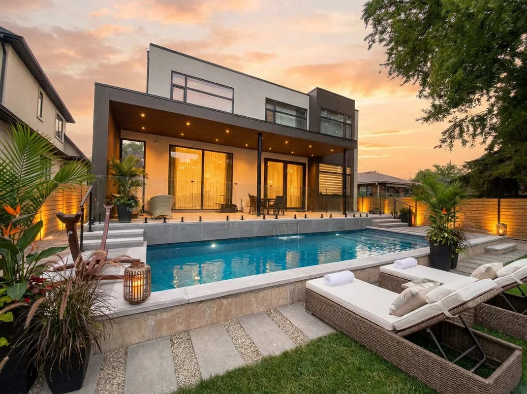 Completed 11x29 concrete pool with RGB LED lighting at twilight in Oakville backyard