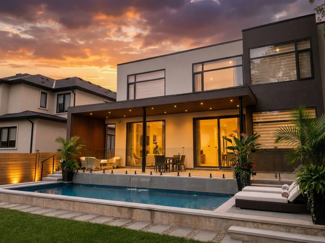 Luxury concrete pool with tiled finish and lounge furniture at golden hour at Wildwood Drive Oakville