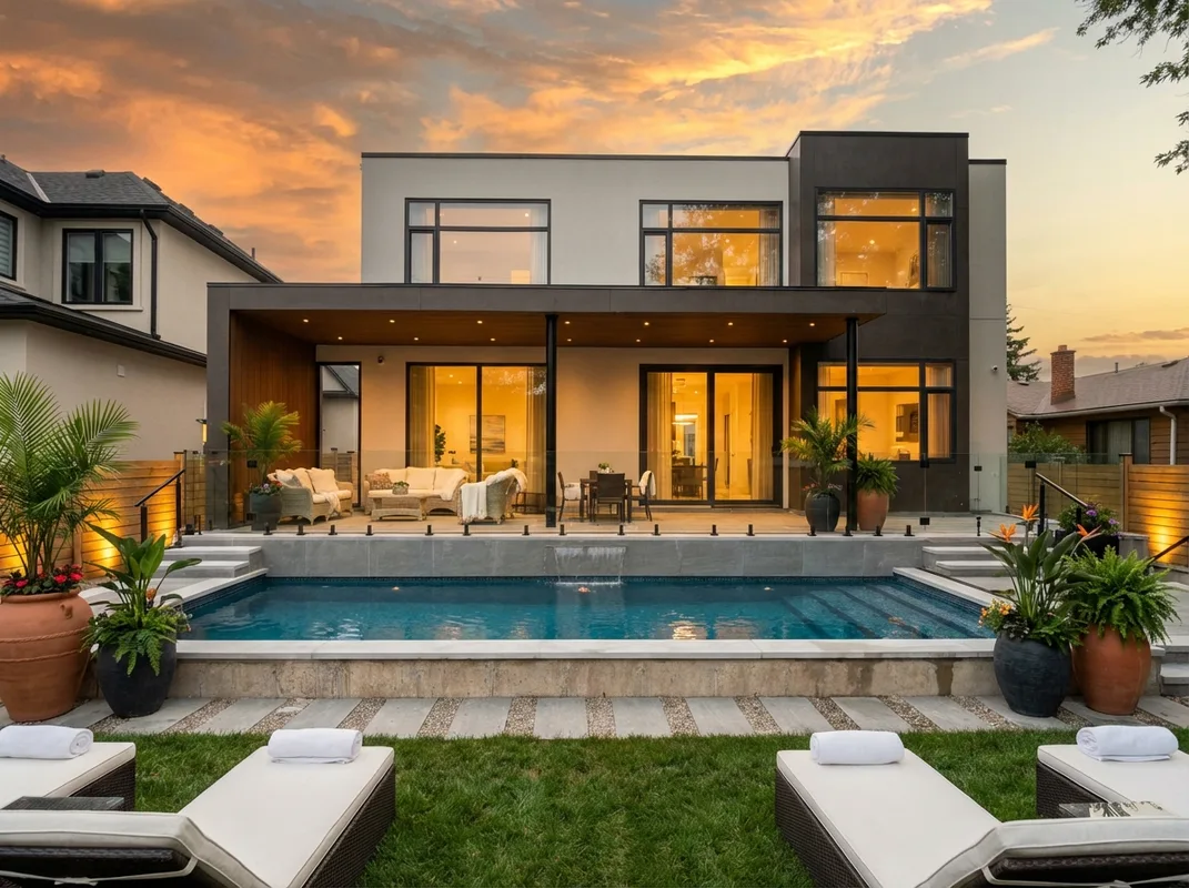 Concrete pool and deck with warm sunset lighting at Wildwood Drive Oakville