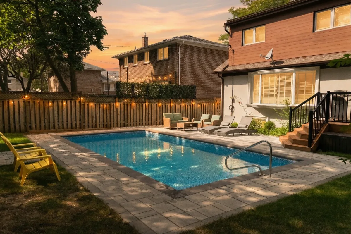 Vinyl pool with interlock patio and string lights along fence at sunset viewed from backyard in Etobicoke