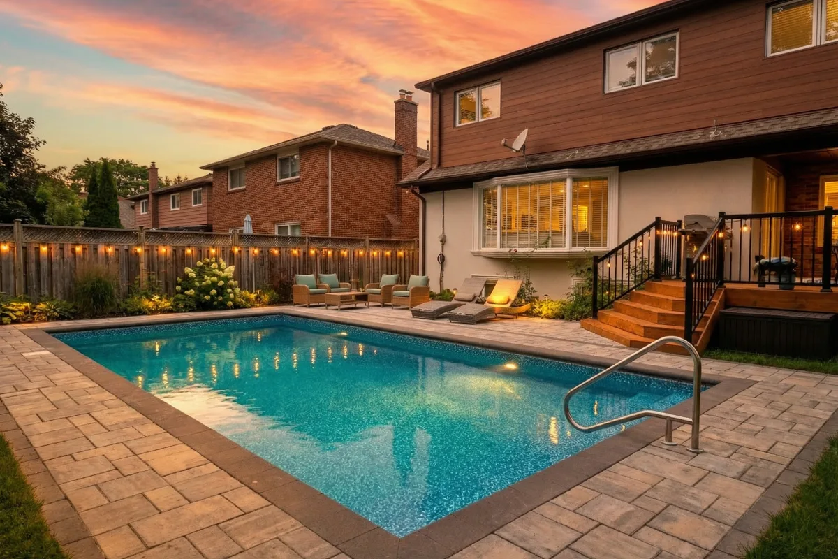 Vinyl pool with lounge furniture, hydrangeas, and string lights at sunset with house facade in Etobicoke