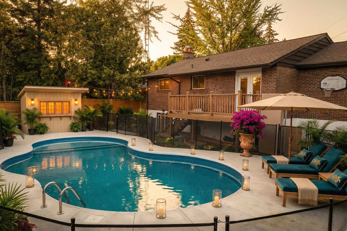 Freeform vinyl pool with teal loungers and natural umbrella in Etobicoke — after installation view
