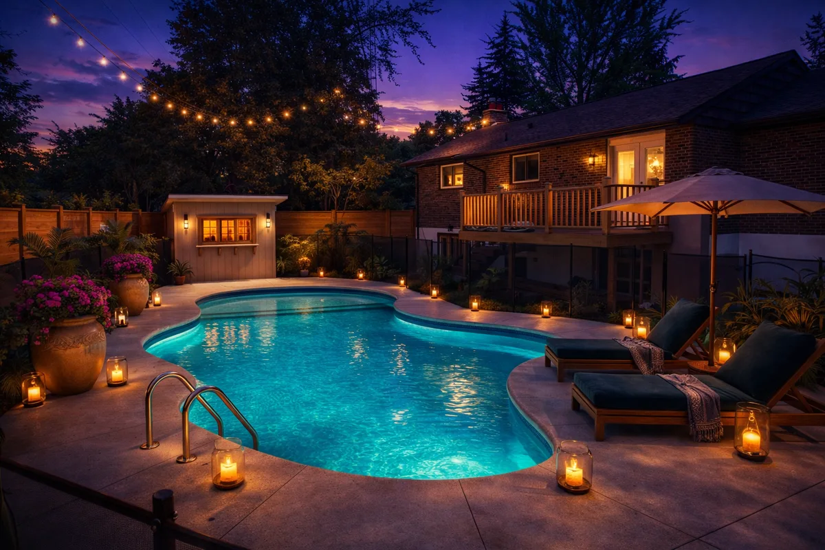 Freeform vinyl pool at twilight with underwater lighting in Etobicoke — elevated view with string lights
