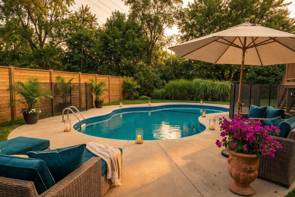 Freeform vinyl pool with teal loungers and string lights in Etobicoke backyard — luxury golden hour lifestyle view