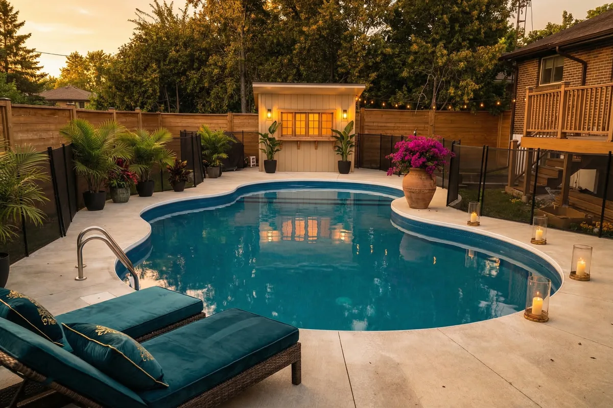 Vinyl pool with illuminated pool house in Etobicoke backyard — golden hour view from ladder end