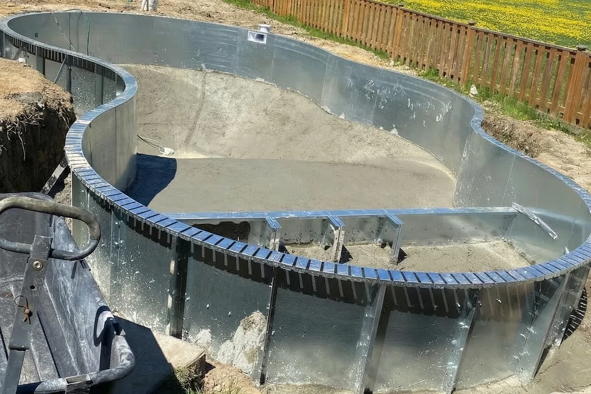 Steel wall pool shell during construction on Castlebar Road in Etobicoke