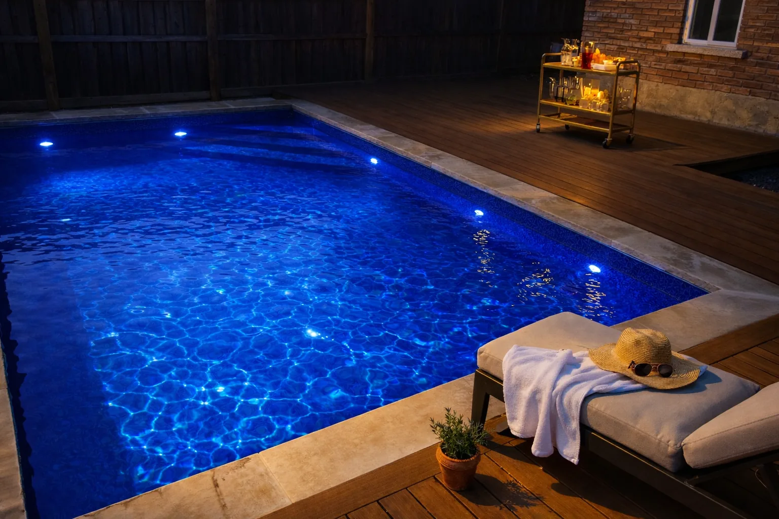 Night view of illuminated vinyl pool with bar cart and lounge chair on composite deck Bradford