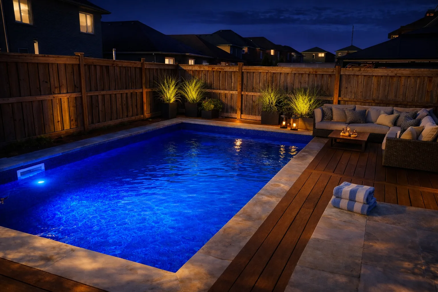 Vinyl pool with underwater LED lighting at night sectional sofa and planters on deck Bradford Ontario