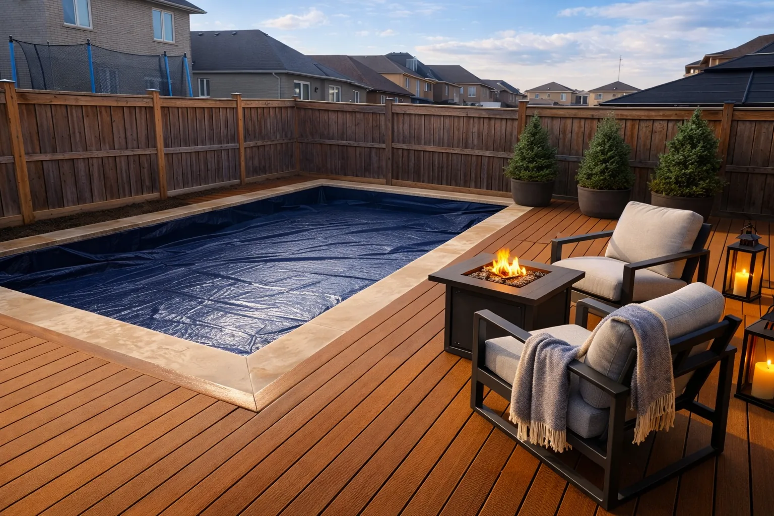 Pool safety cover with fire pit table and armchairs on composite deck year-round backyard Bradford
