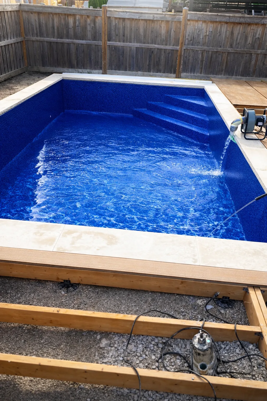 Vinyl pool with limestone coping and deck framing under construction at Hopkins Crescent Bradford