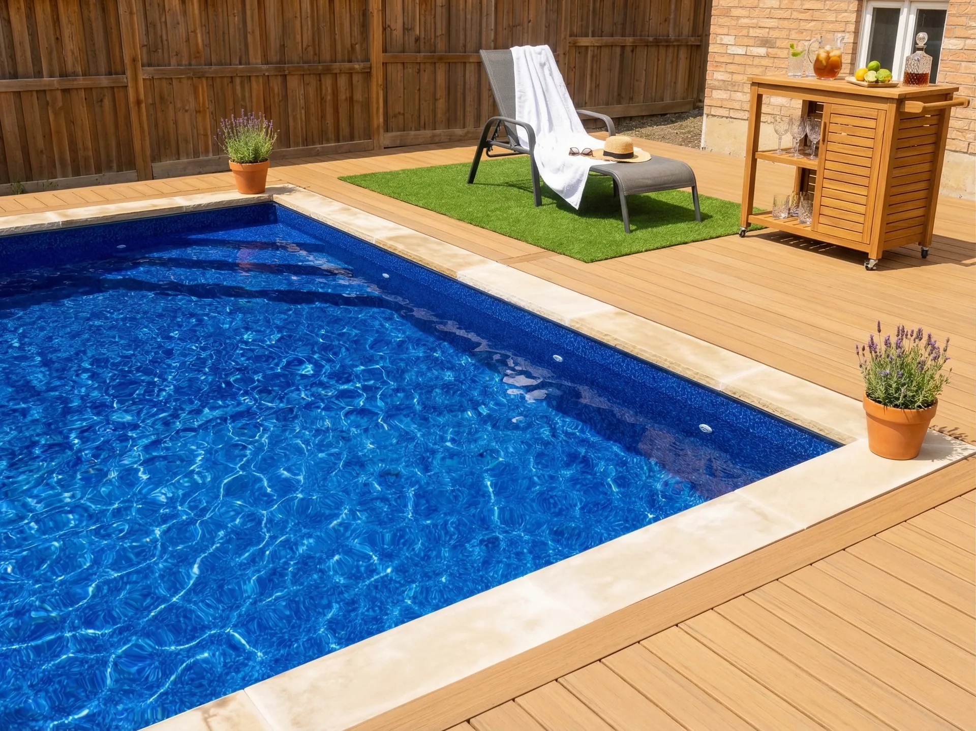 Crystal clear vinyl pool water with limestone coping bar cart and lounge chair in Bradford backyard