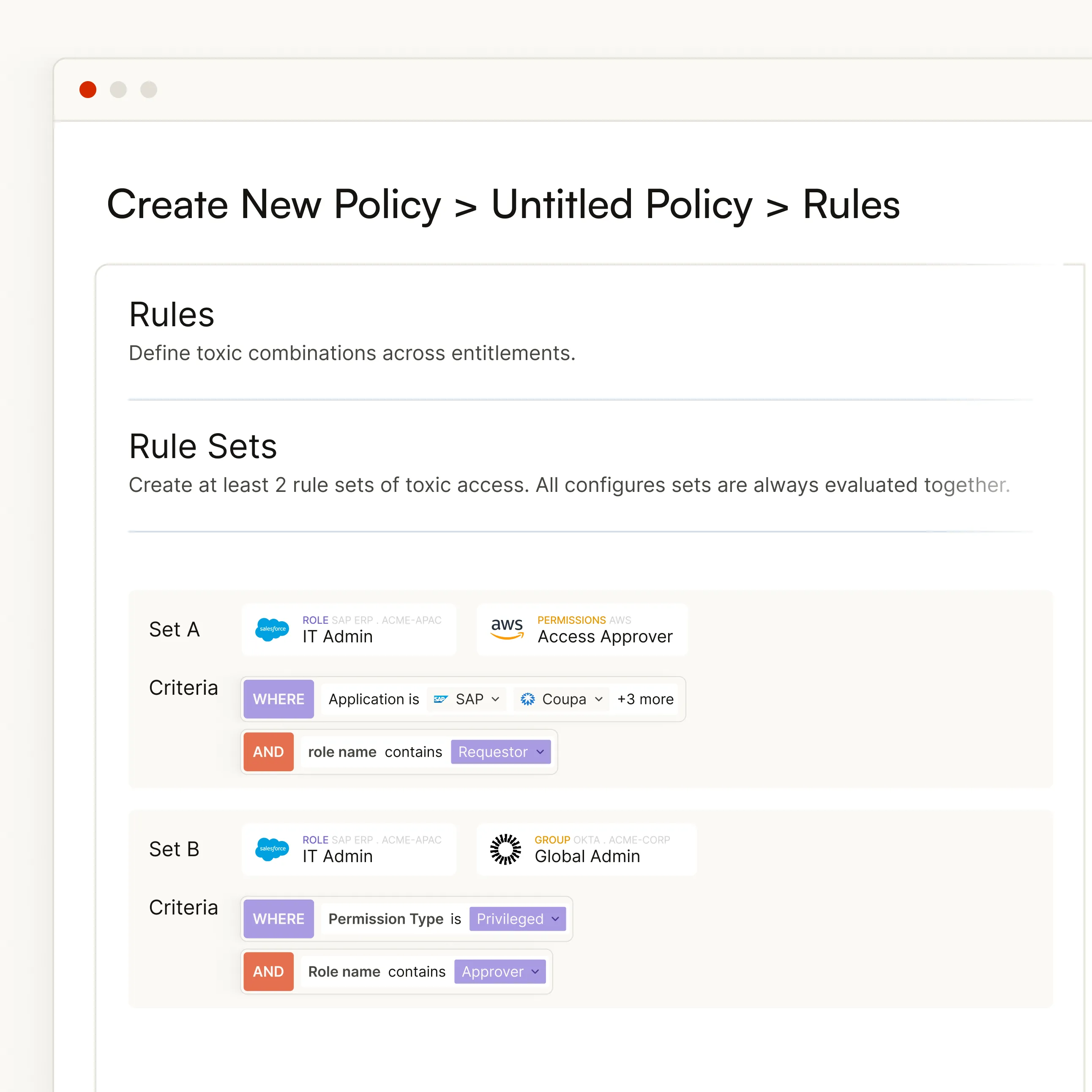 Interface screen showing rule configuration for creating new policy with sets defining toxic access combinations involving IT Admin roles and permissions like Access Approver and Global Admin based on criteria such as application type, role name, and permission type.