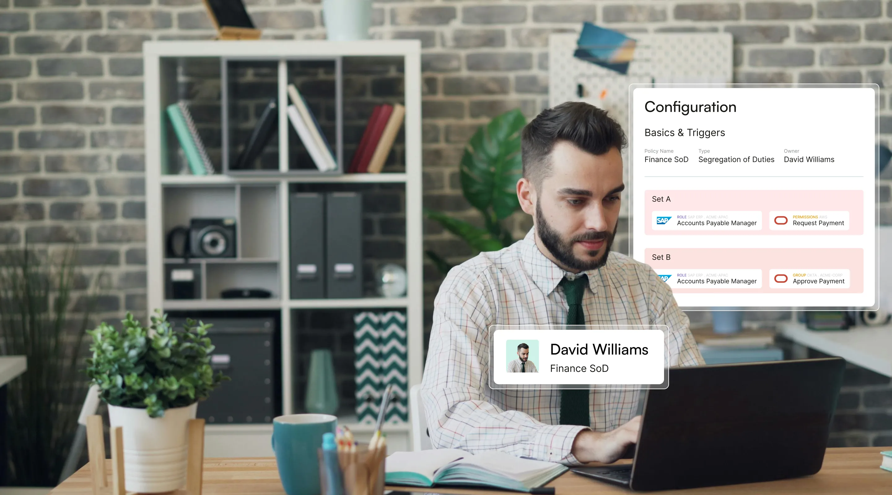 Man in checkered shirt and green tie working on a laptop at a desk with a plant, cup, and open notebook, with a semi-transparent overlay showing configuration settings for Finance SoD policy.