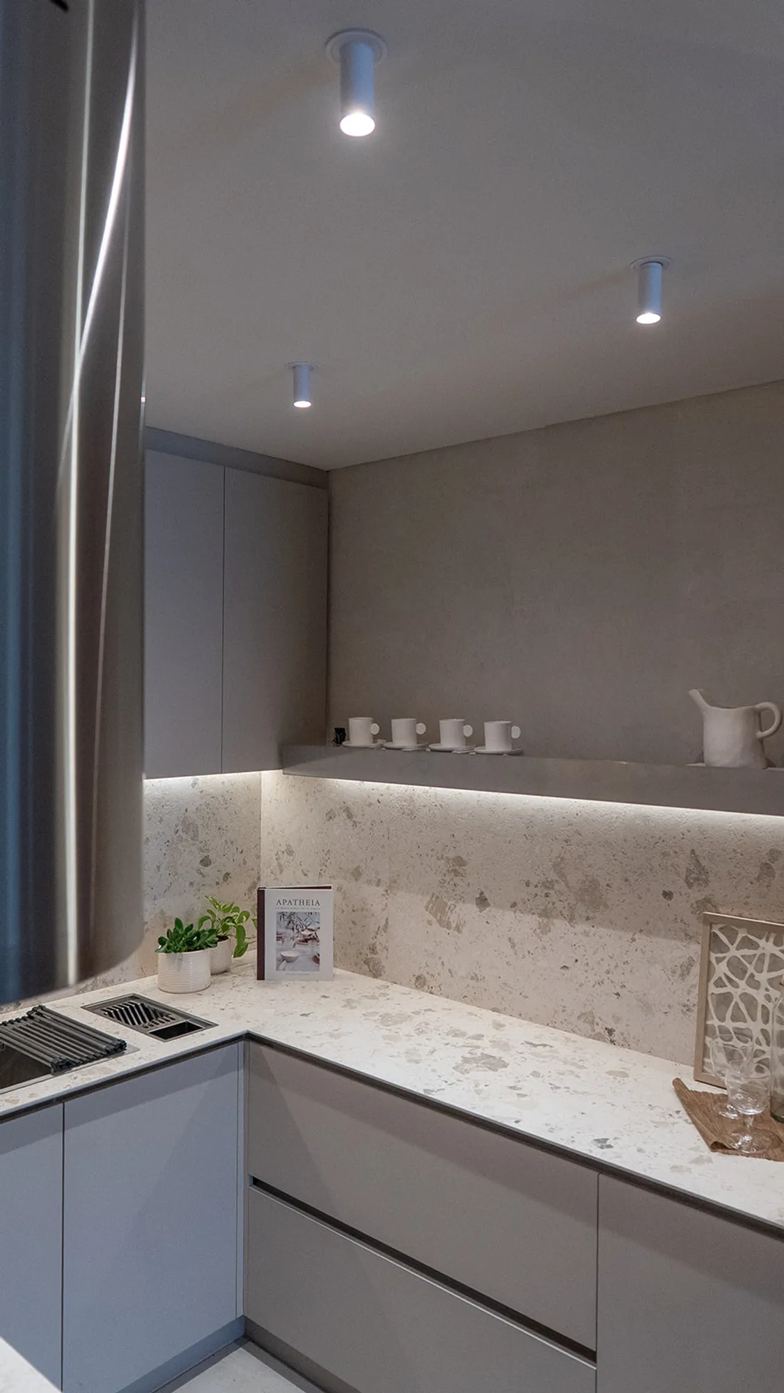 Casa FOA 2026, cocina con spots de techo y estante iluminado