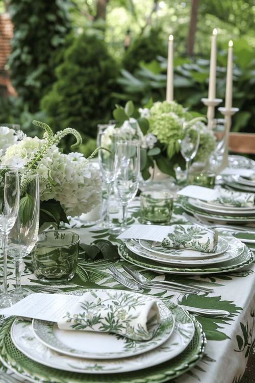 A green and white tablescape with white candelabra, patterned linen, hydrangeas and 3 glassware
