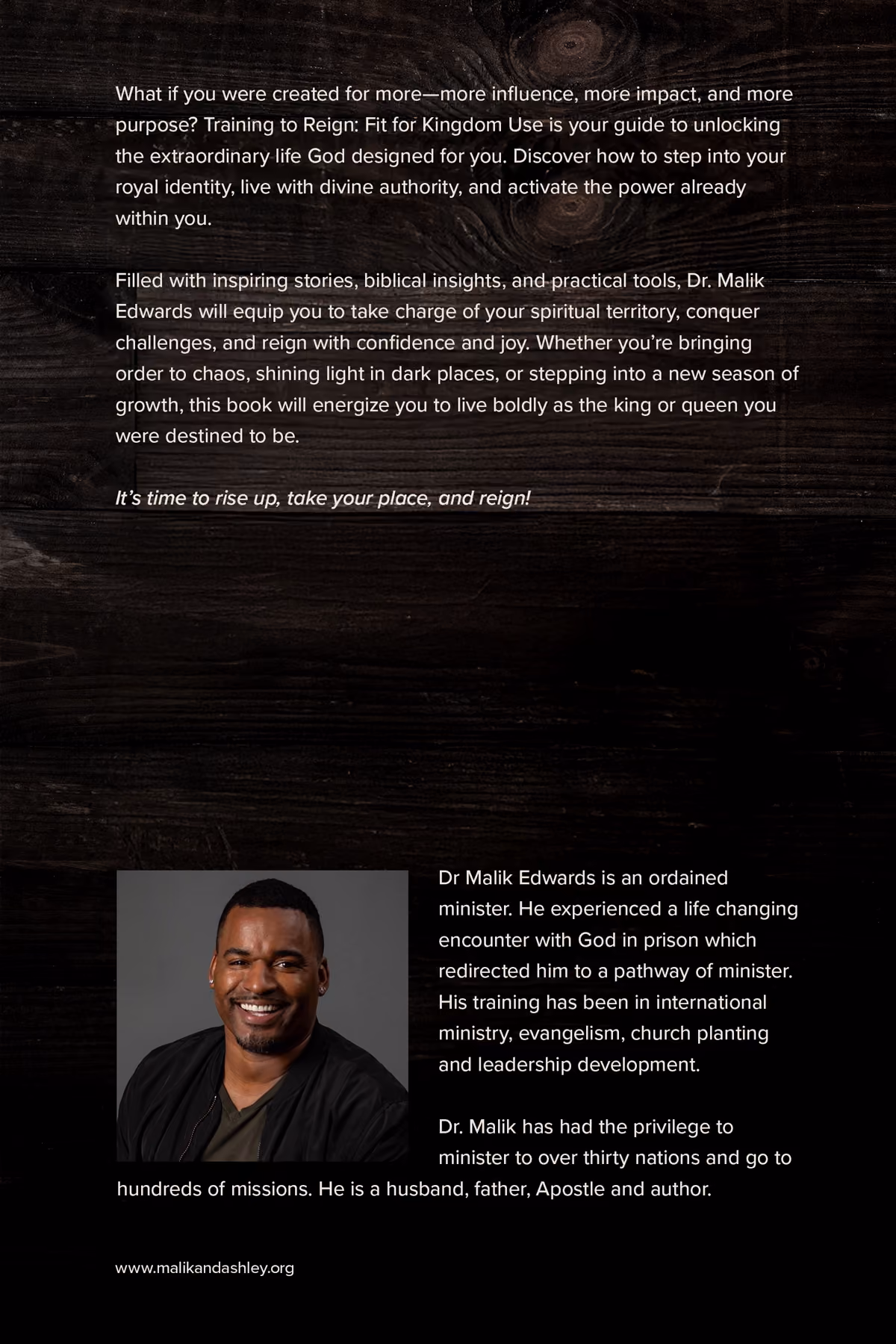 Author Dr. Malik Edwards smiling in a black jacket, with a book summary and his bio text on a dark wood background.