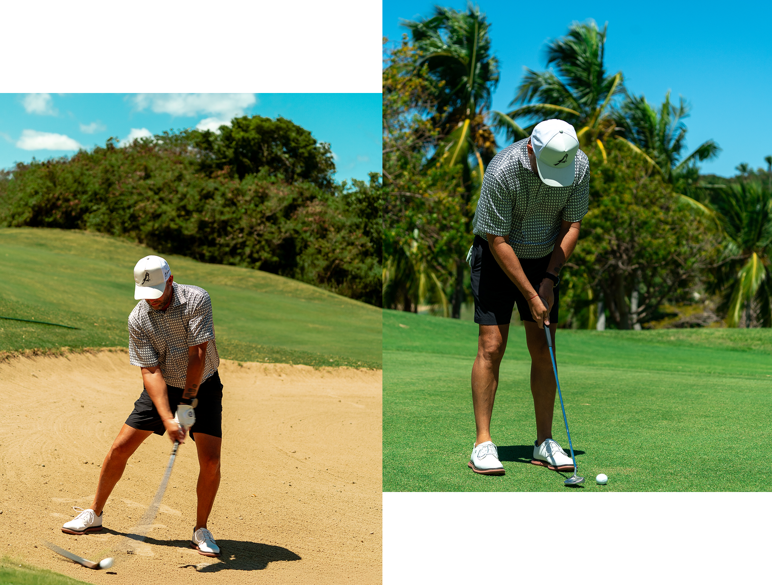 Golfer wearing Pichón OG II Print Polo on the green at a golf course in Puerto Rico.