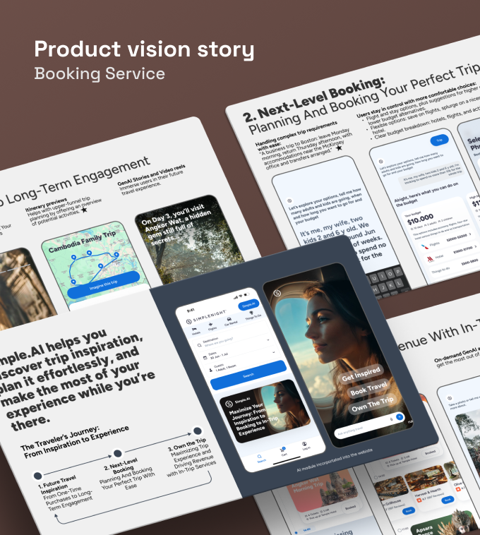Product vision story for a booking service, showing future UX concepts and example mobile screens