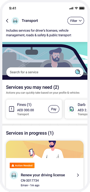 Mobile app screen displaying Transport services including fines and driving license renewal with an action needed alert.