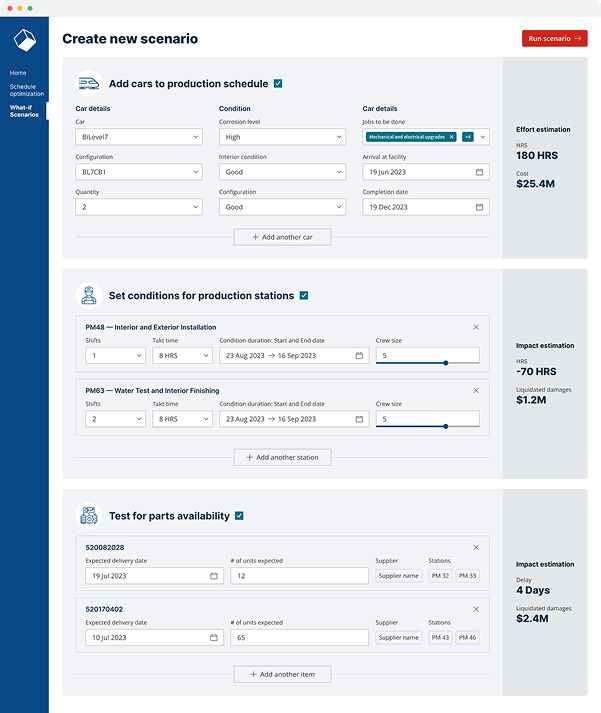 User interface for creating a production scenario with sections to add cars to schedule, set conditions for production stations, and test parts availability, displaying effort and impact estimations.