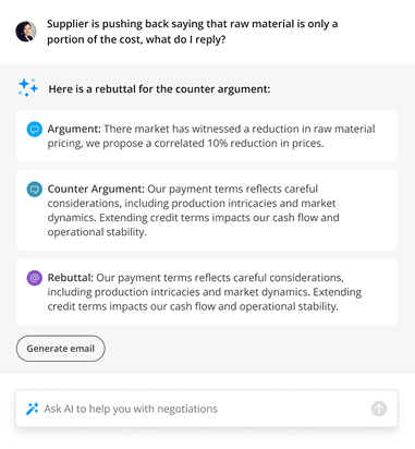 Chat interface showing a negotiation help query where a user asks for a reply to a supplier's claim about raw material costs, followed by an AI-generated rebuttal and counterargument with options to generate an email.