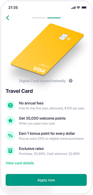 Mobile screen showing a yellow Visa travel credit card with benefits: no annual fees first year, 35,000 welcome points, 1 bonus point per dollar, and exclusive rates with an Apply now button.