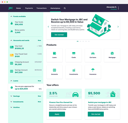 Online banking dashboard showing funds available, accounts, loans, and personalized mortgage offers with options to apply and get started.