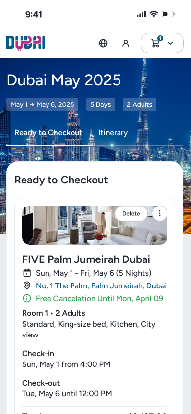 Mobile booking screen for Dubai May 2025 stay at FIVE Palm Jumeirah Dubai, showing 5-night reservation for 2 adults from May 1 to May 6 with standard room, king-size bed, kitchen, city view, and free cancellation until April 9.
