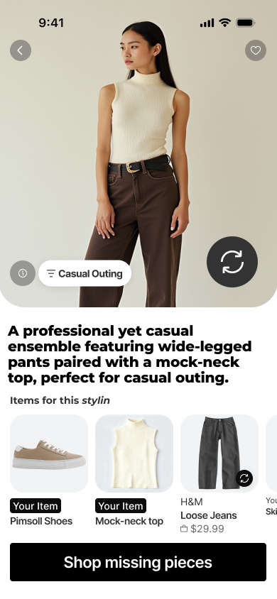 Woman wearing wide-legged brown pants and a sleeveless cream mock-neck top for a casual outing.